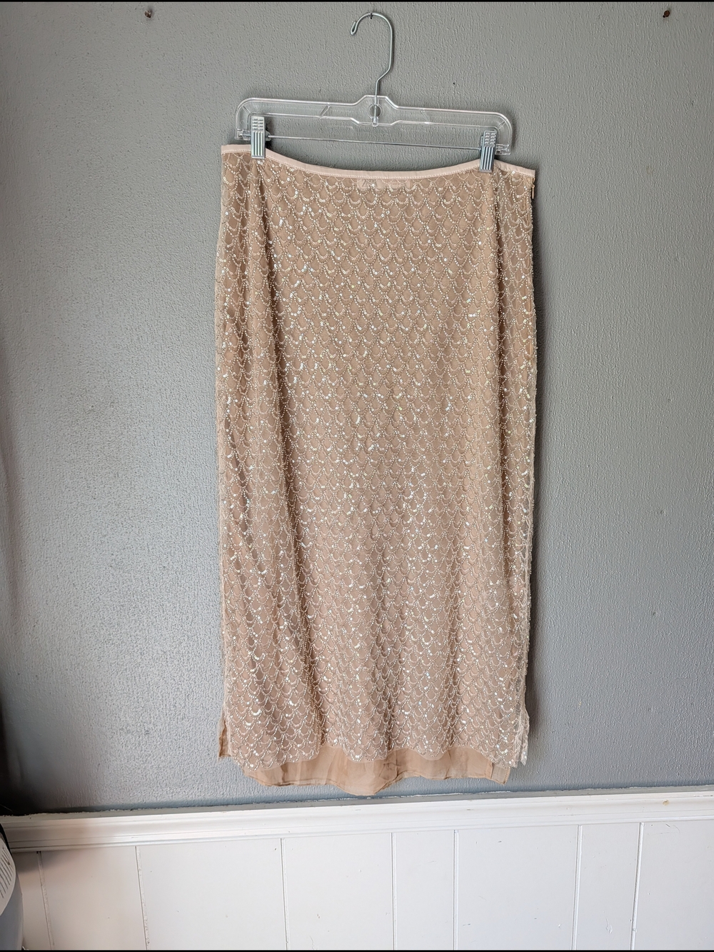 Zara Beige Beaded Sheer Scallop Midi Skirt L